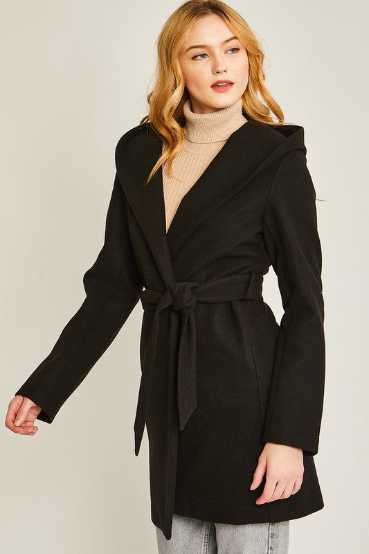 Hooded belted 2024 wool coat